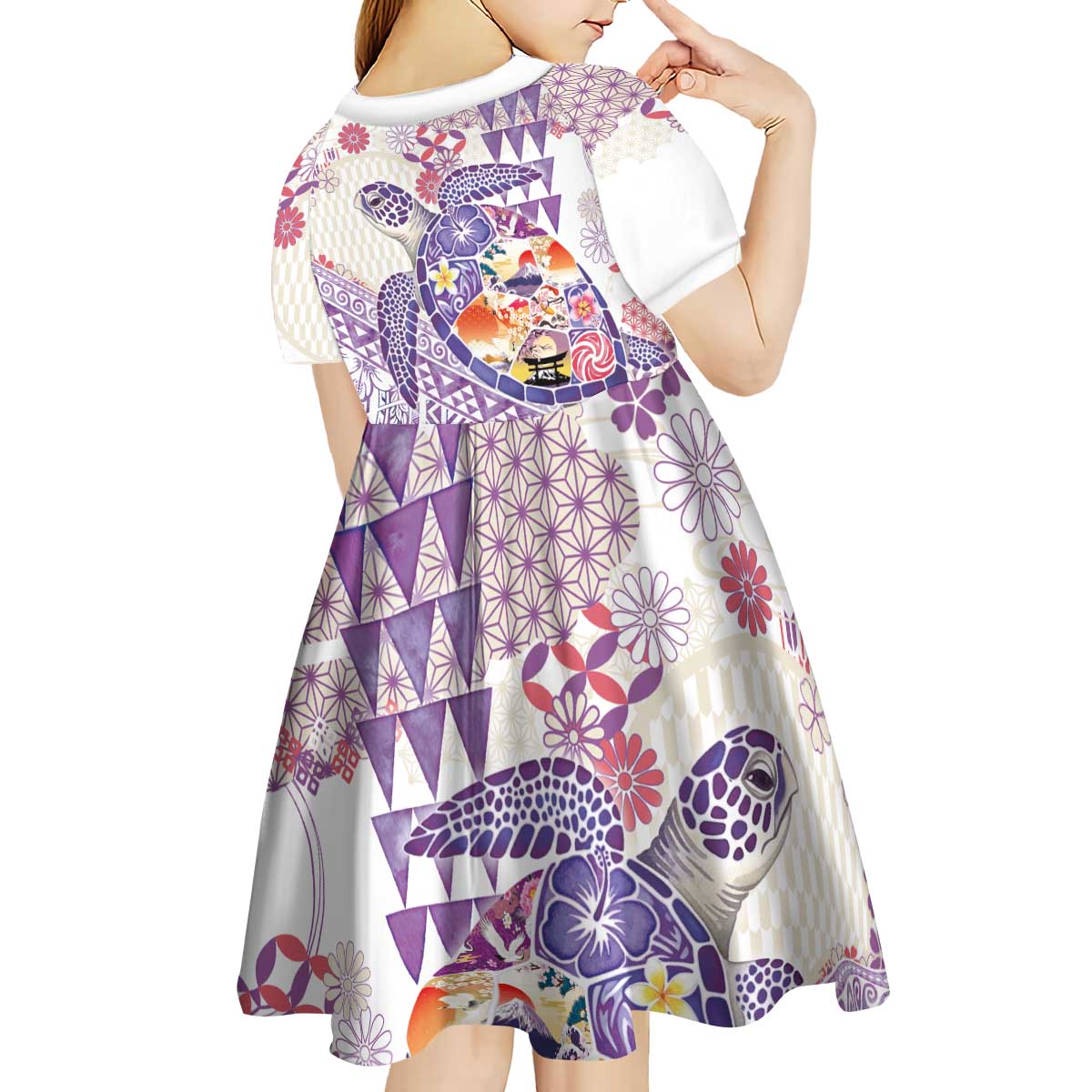 Hawaiian and Japanese Culture Together Kid Short Sleeve Dress Tropical Honu with Japanese Elements Purple Color