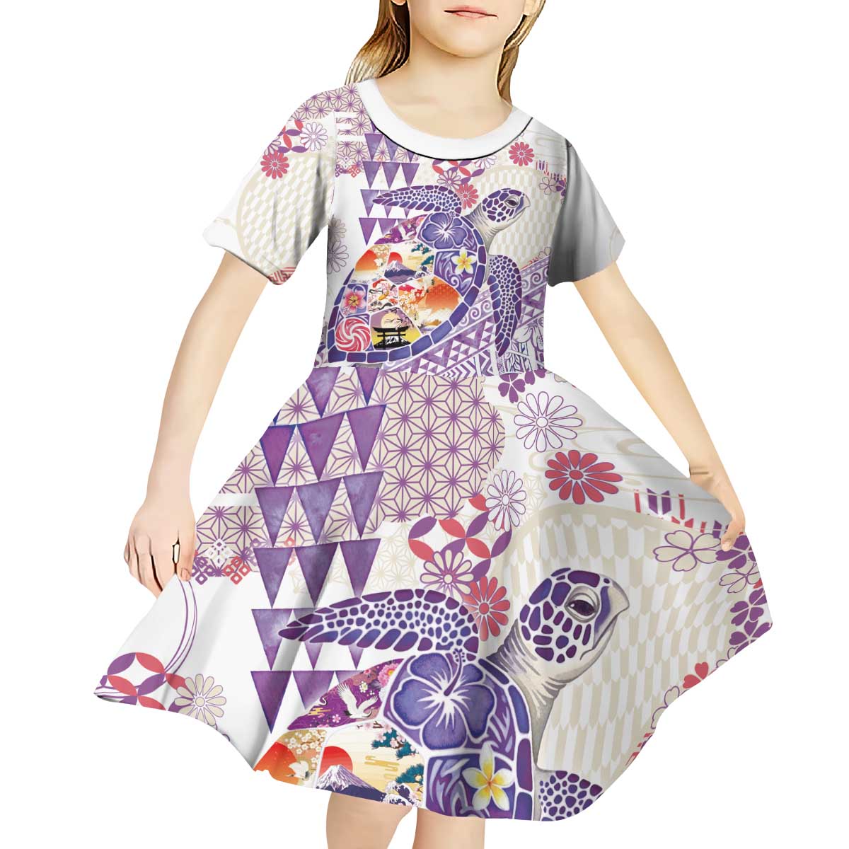 Hawaiian and Japanese Culture Together Kid Short Sleeve Dress Tropical Honu with Japanese Elements Purple Color
