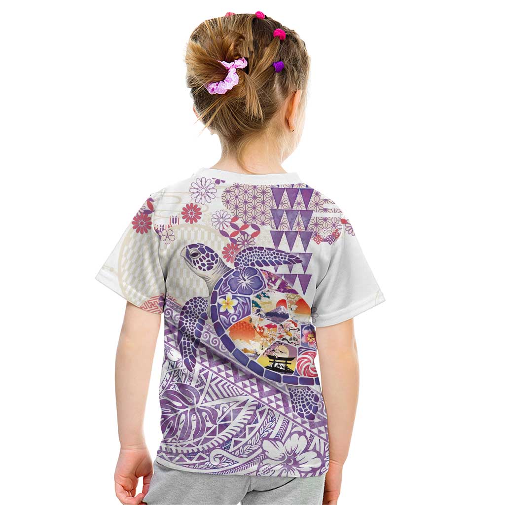 Hawaiian and Japanese Culture Together Kid T Shirt Tropical Honu with Japanese Elements Purple Color