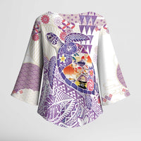 Hawaiian and Japanese Culture Together Kimono Sleeve Blouse Tropical Honu with Japanese Elements Purple Color
