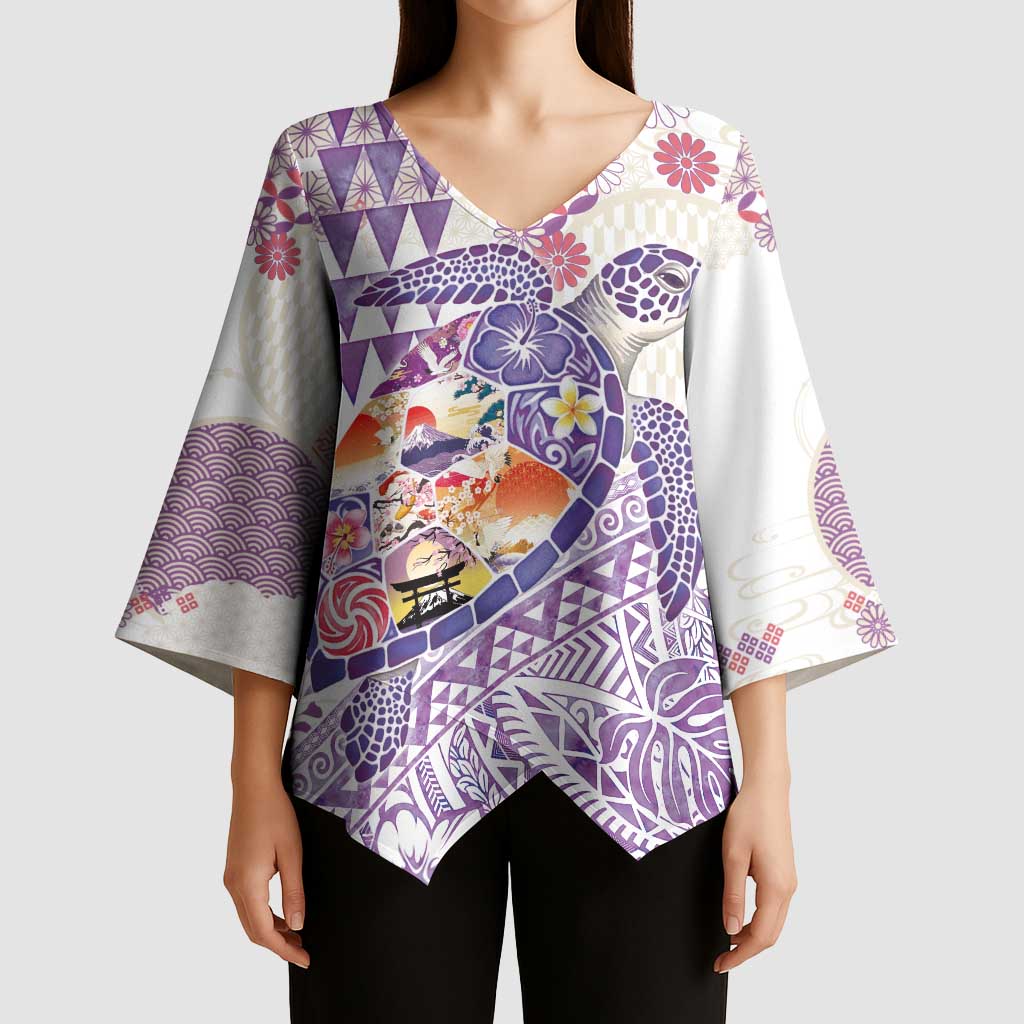 Hawaiian and Japanese Culture Together Kimono Sleeve Blouse Tropical Honu with Japanese Elements Purple Color