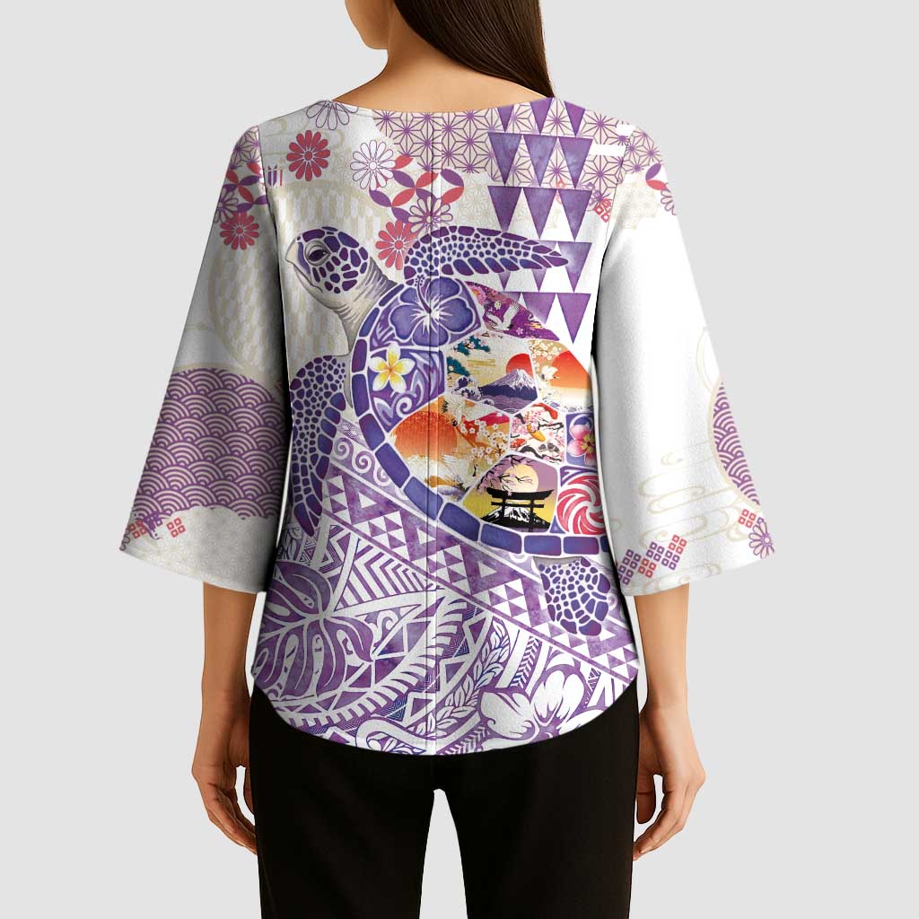 Hawaiian and Japanese Culture Together Kimono Sleeve Blouse Tropical Honu with Japanese Elements Purple Color