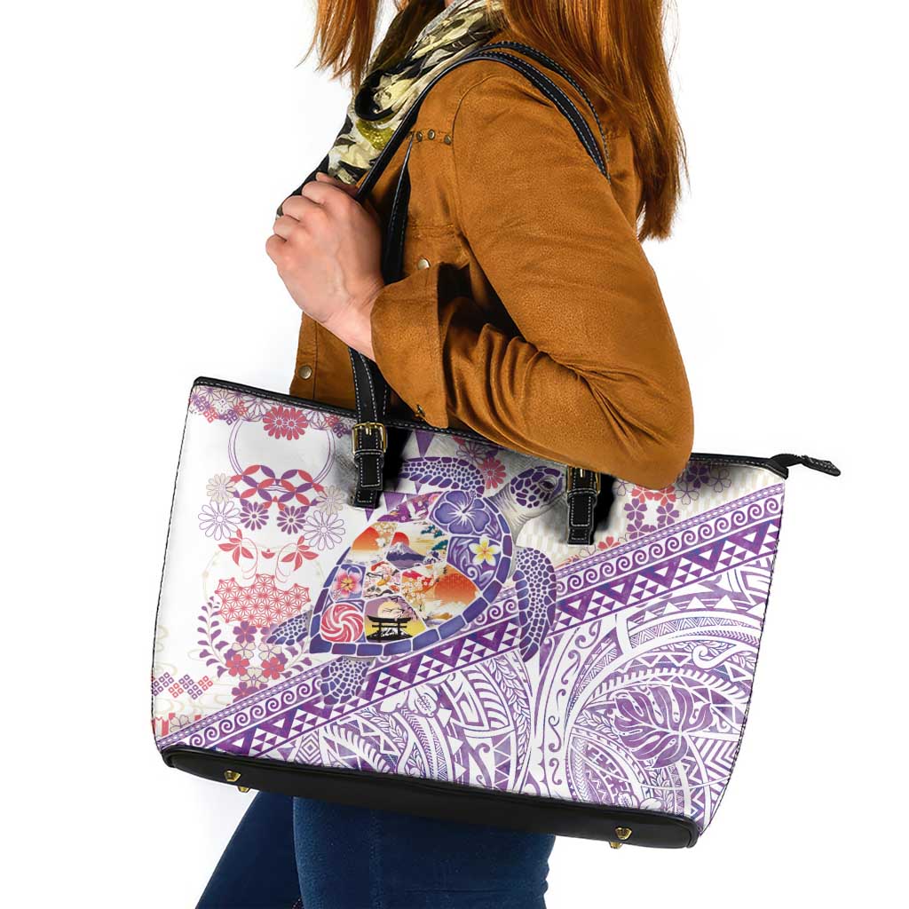 Hawaiian and Japanese Culture Together Leather Tote Bag Tropical Honu with Japanese Elements Purple Color