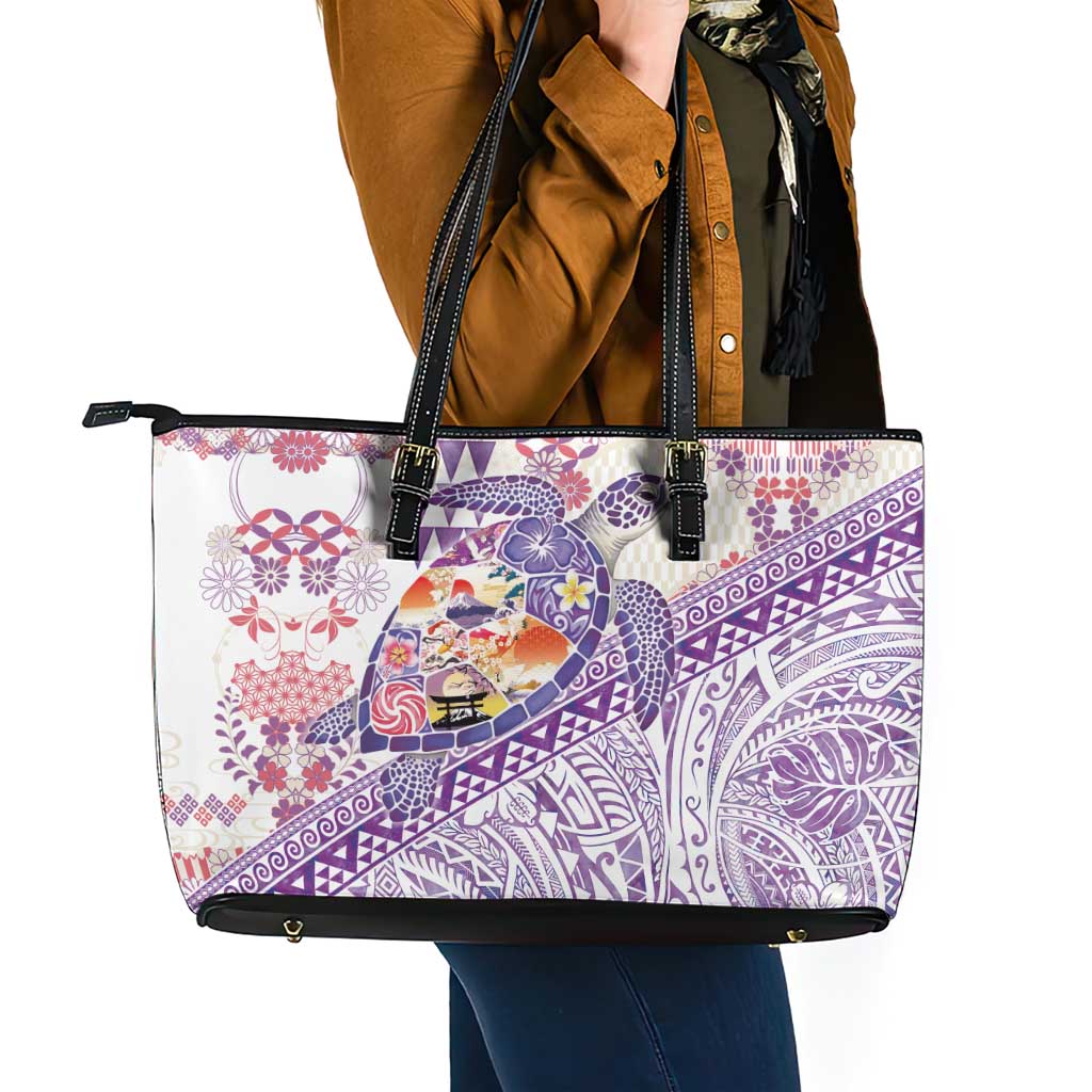 Hawaiian and Japanese Culture Together Leather Tote Bag Tropical Honu with Japanese Elements Purple Color