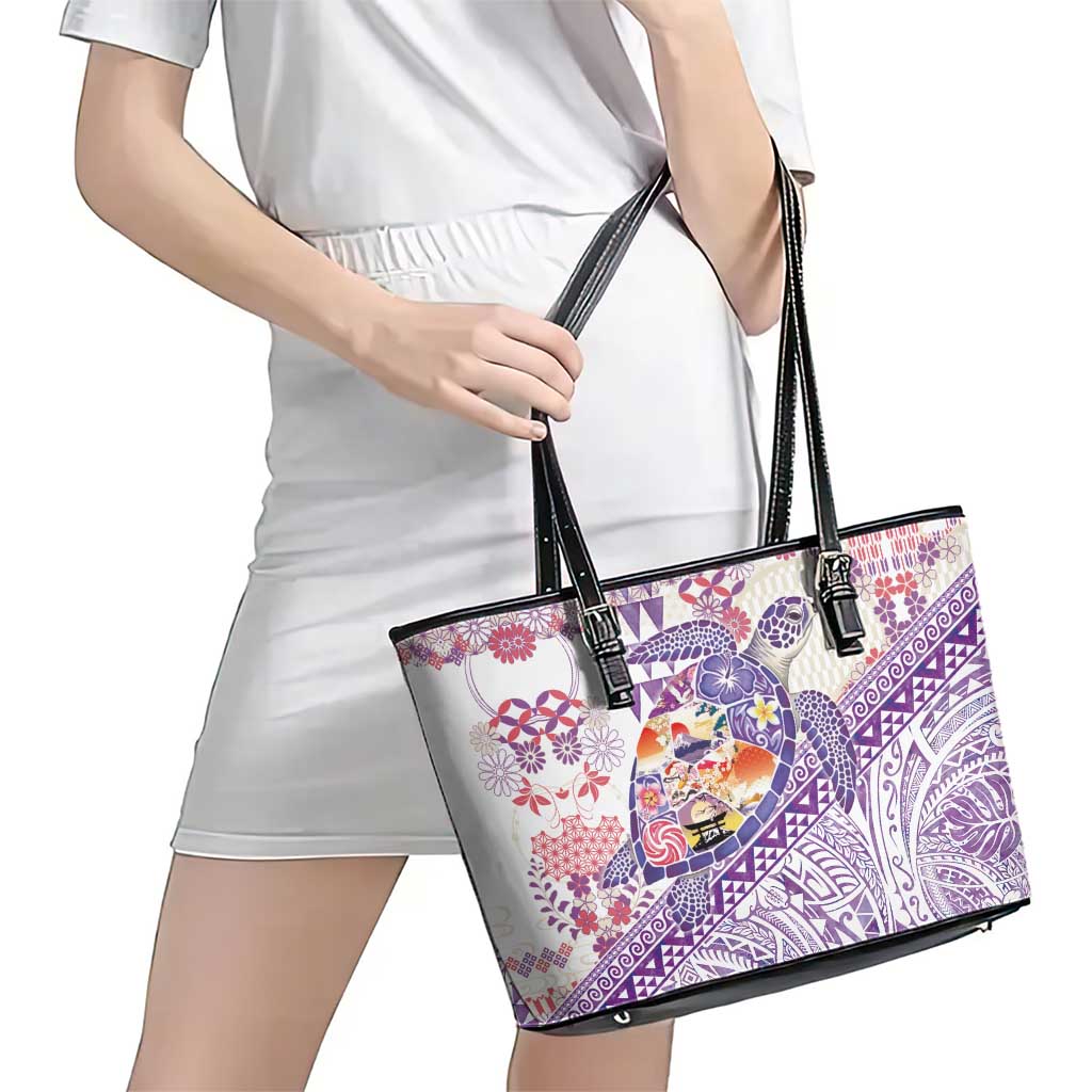 Hawaiian and Japanese Culture Together Leather Tote Bag Tropical Honu with Japanese Elements Purple Color