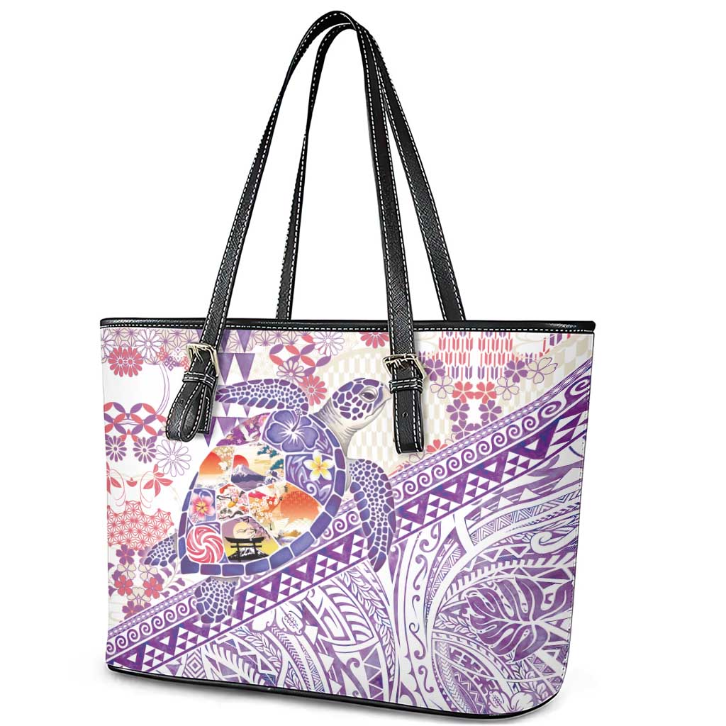 Hawaiian and Japanese Culture Together Leather Tote Bag Tropical Honu with Japanese Elements Purple Color
