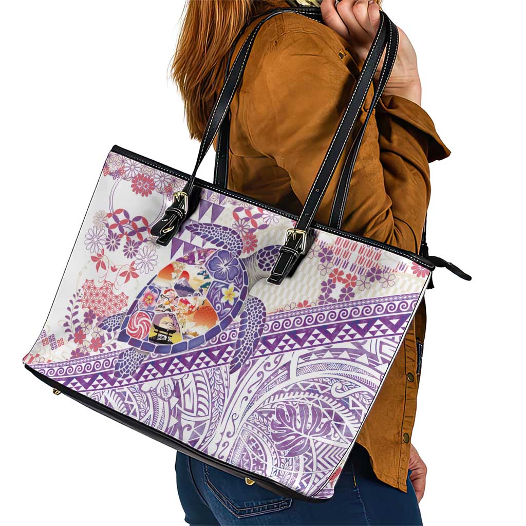 Hawaiian and Japanese Culture Together Leather Tote Bag Tropical Honu with Japanese Elements Purple Color