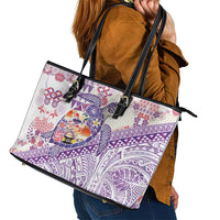 Hawaiian and Japanese Culture Together Leather Tote Bag Tropical Honu with Japanese Elements Purple Color