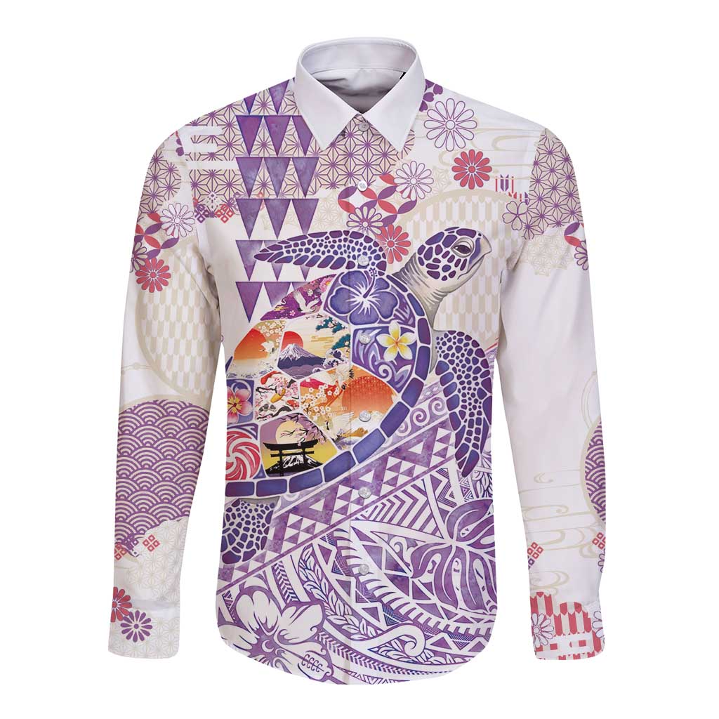Hawaiian and Japanese Culture Together Long Sleeve Button Shirt Tropical Honu with Japanese Elements Purple Color