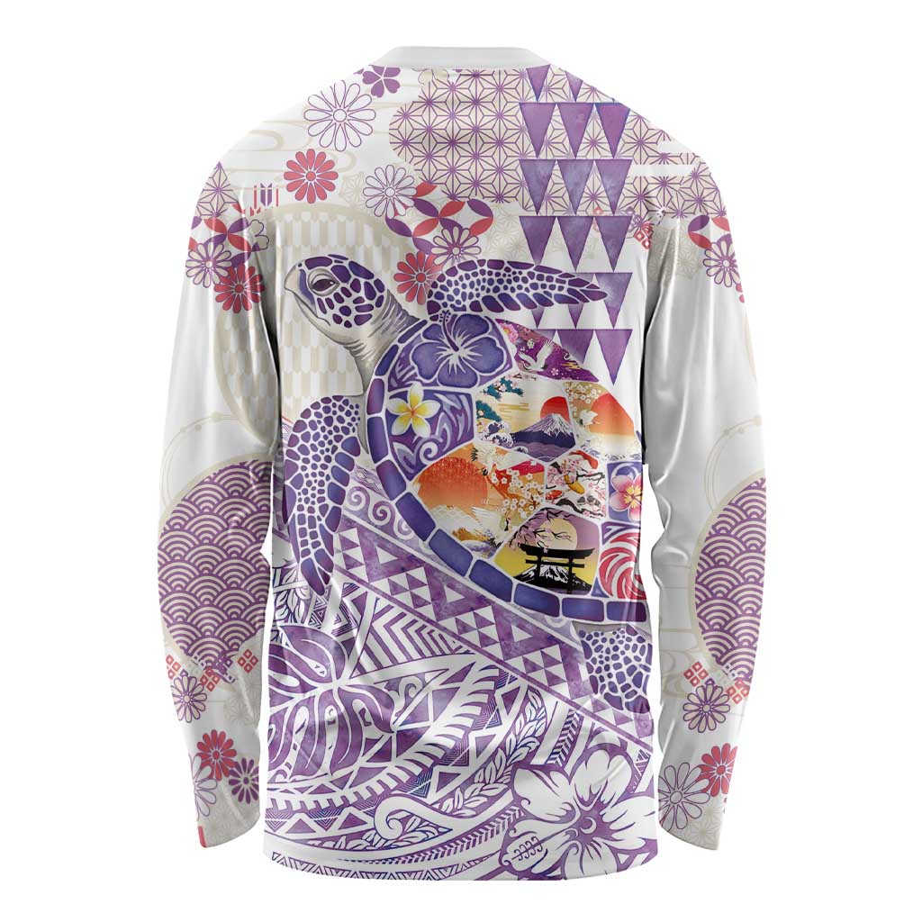 Hawaiian and Japanese Culture Together Long Sleeve Shirt Tropical Honu with Japanese Elements Purple Color
