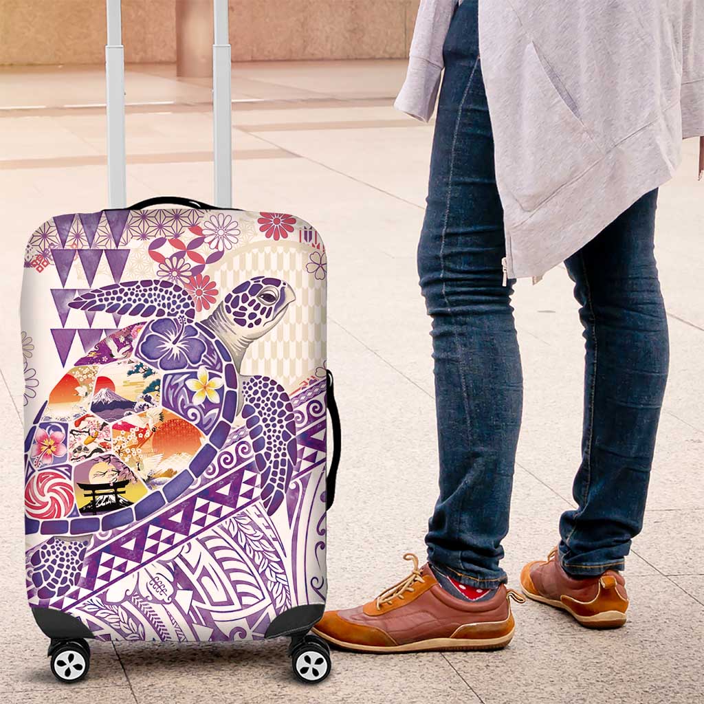 Hawaiian and Japanese Culture Together Luggage Cover Tropical Honu with Japanese Elements Purple Color