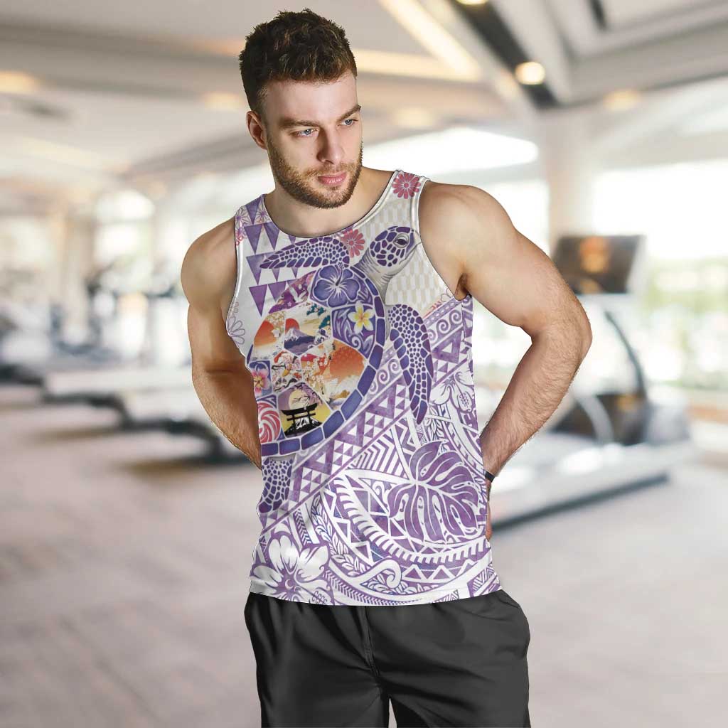 Hawaiian and Japanese Culture Together Men Tank Top Tropical Honu with Japanese Elements Purple Color