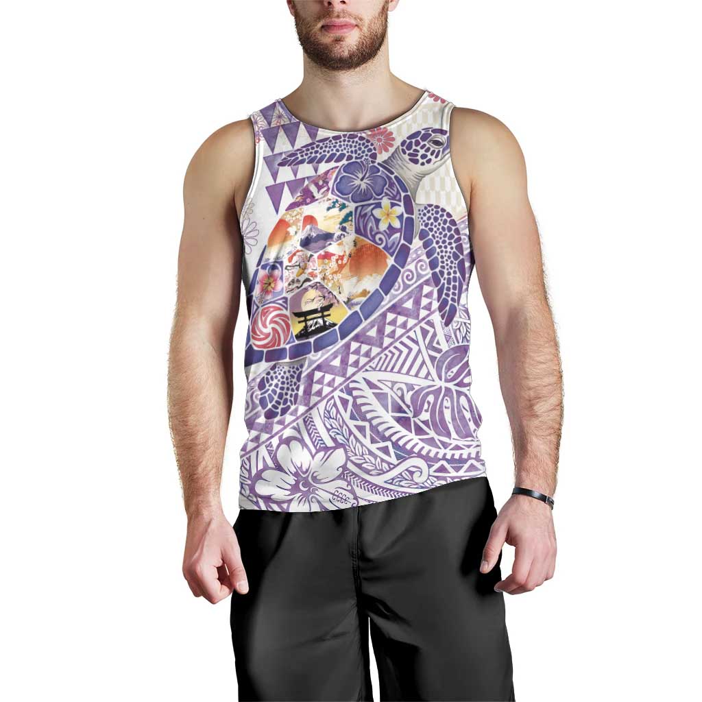 Hawaiian and Japanese Culture Together Men Tank Top Tropical Honu with Japanese Elements Purple Color