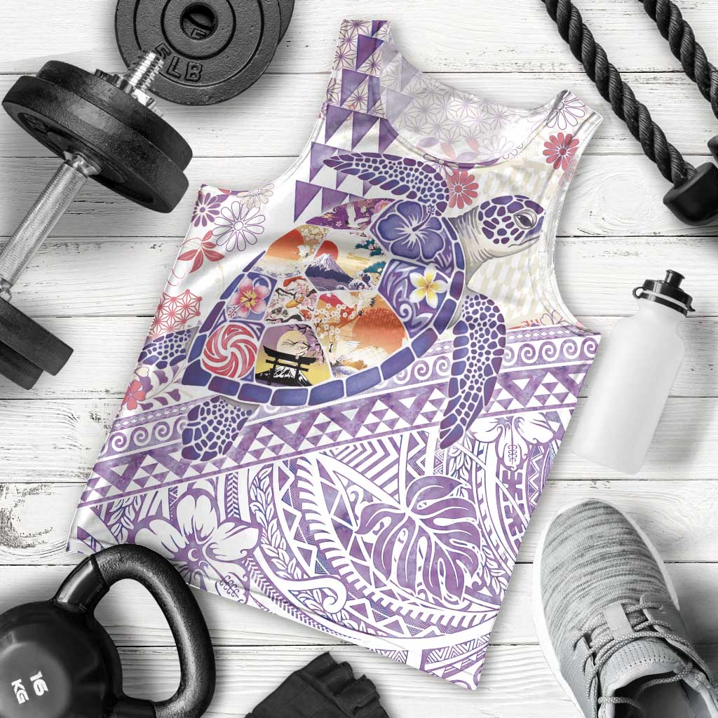 Hawaiian and Japanese Culture Together Men Tank Top Tropical Honu with Japanese Elements Purple Color