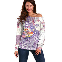 Hawaiian and Japanese Culture Together Off Shoulder Sweater Tropical Honu with Japanese Elements Purple Color