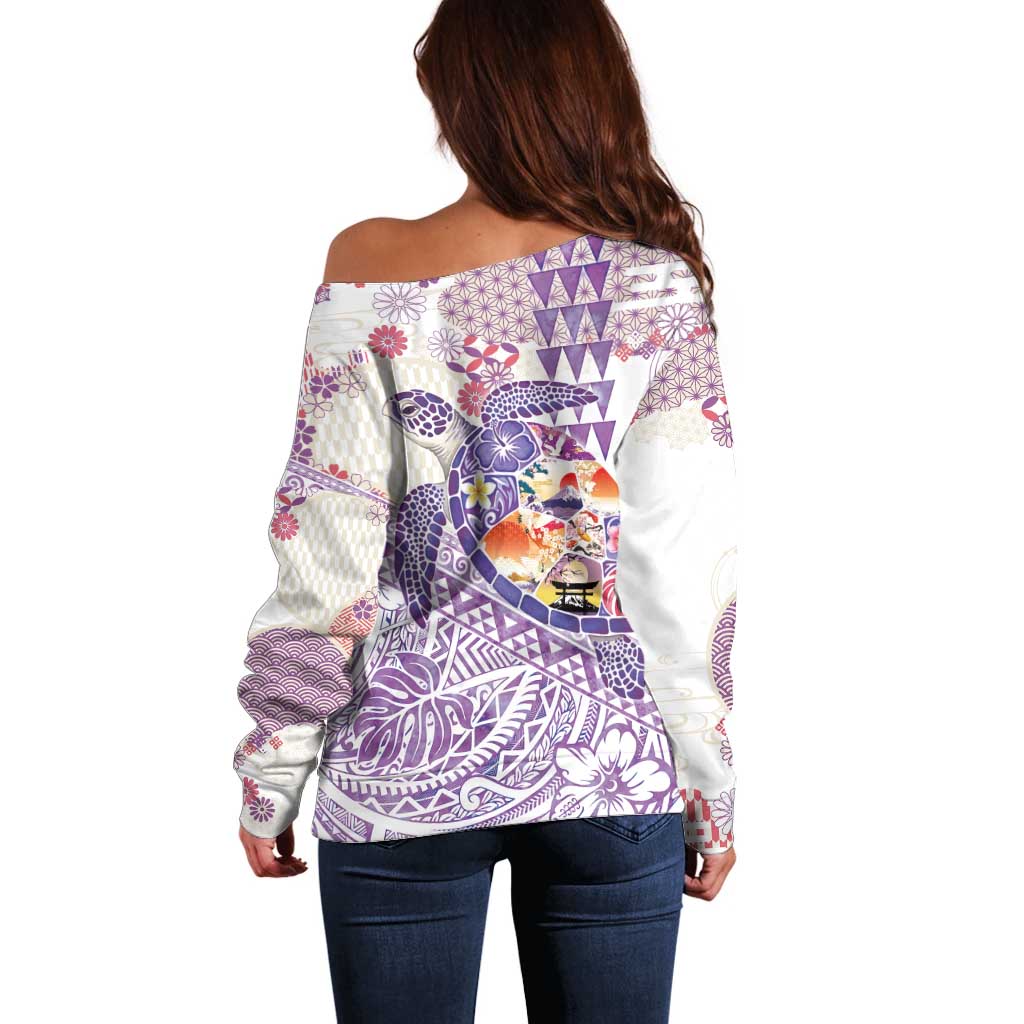 Hawaiian and Japanese Culture Together Off Shoulder Sweater Tropical Honu with Japanese Elements Purple Color