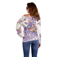 Hawaiian and Japanese Culture Together Off Shoulder Sweater Tropical Honu with Japanese Elements Purple Color