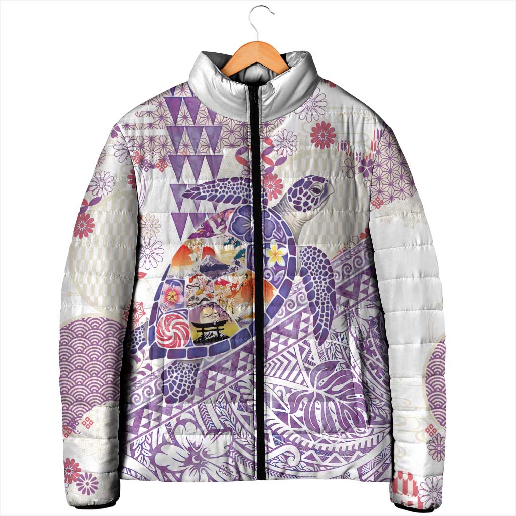 Hawaiian and Japanese Culture Together Padded Jacket Tropical Honu with Japanese Elements Purple Color
