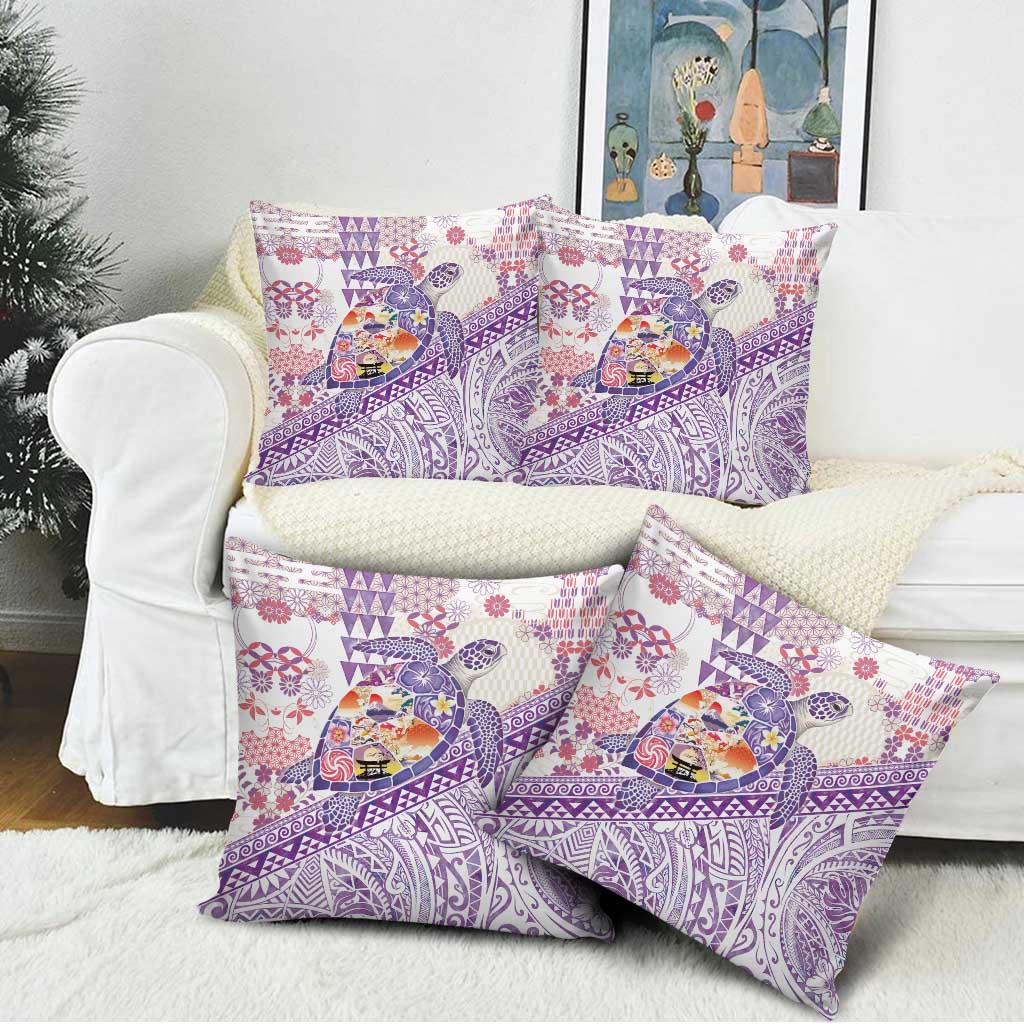 Hawaiian and Japanese Culture Together Pillow Cover Tropical Honu with Japanese Elements Purple Color