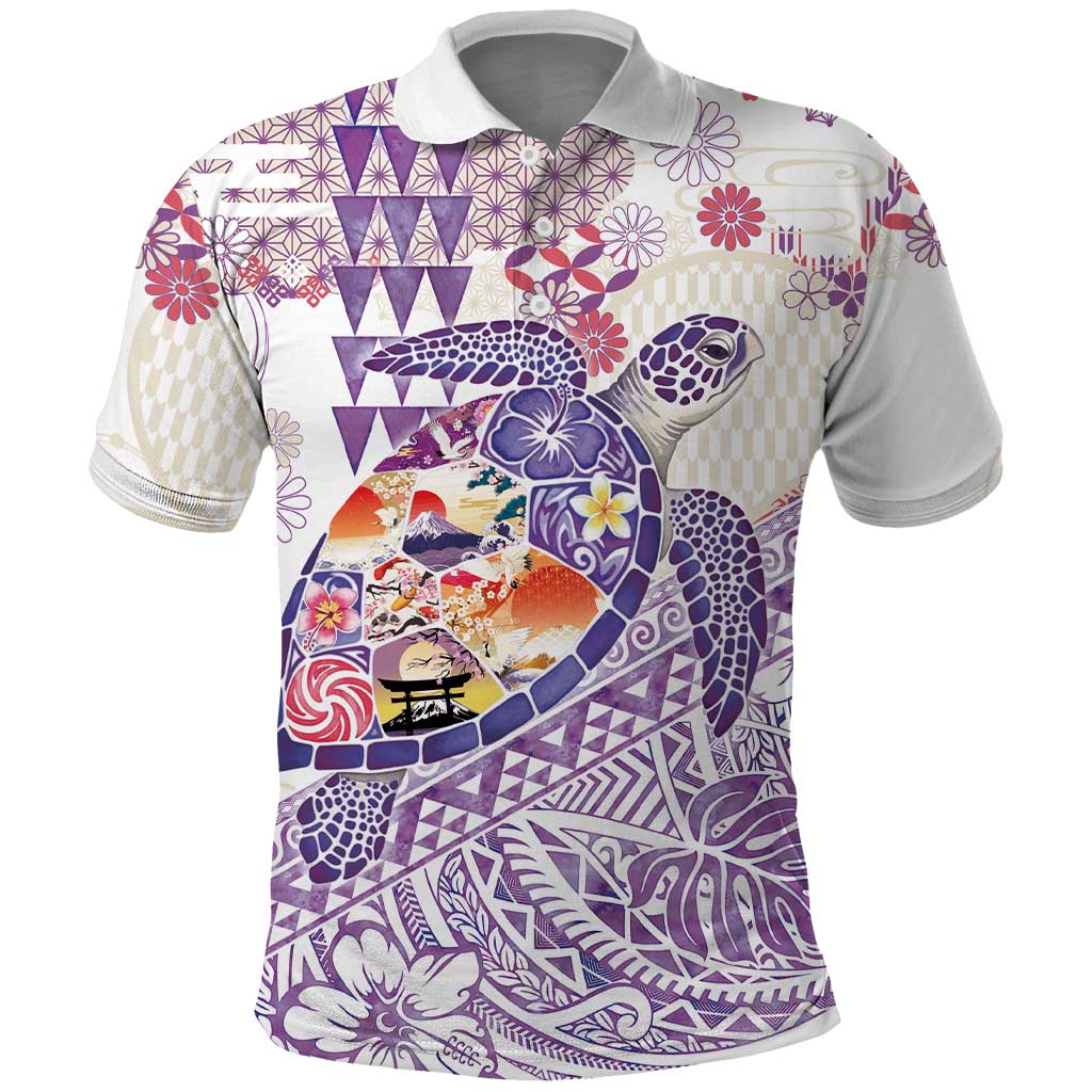 Hawaiian and Japanese Culture Together Polo Shirt Tropical Honu with Japanese Elements Purple Color