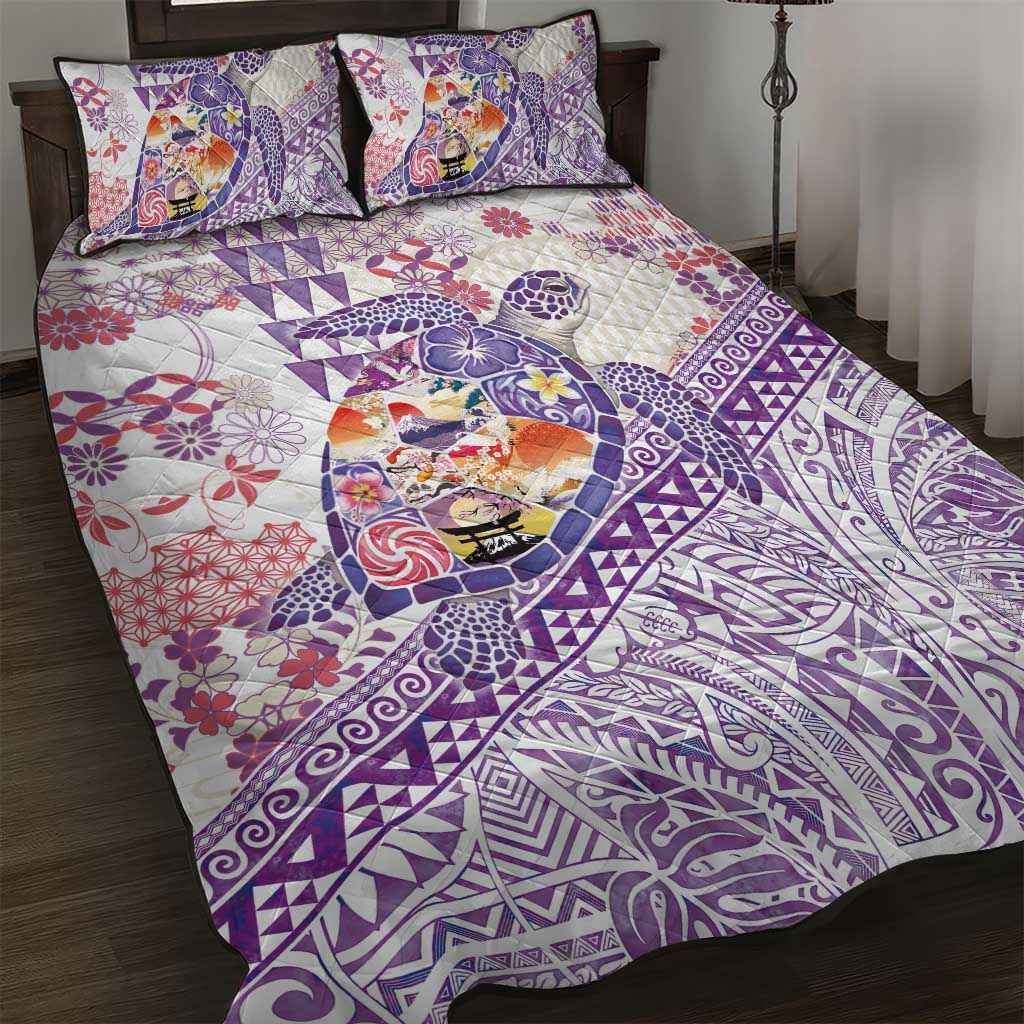 Hawaiian and Japanese Culture Together Quilt Bed Set Tropical Honu with Japanese Elements Purple Color