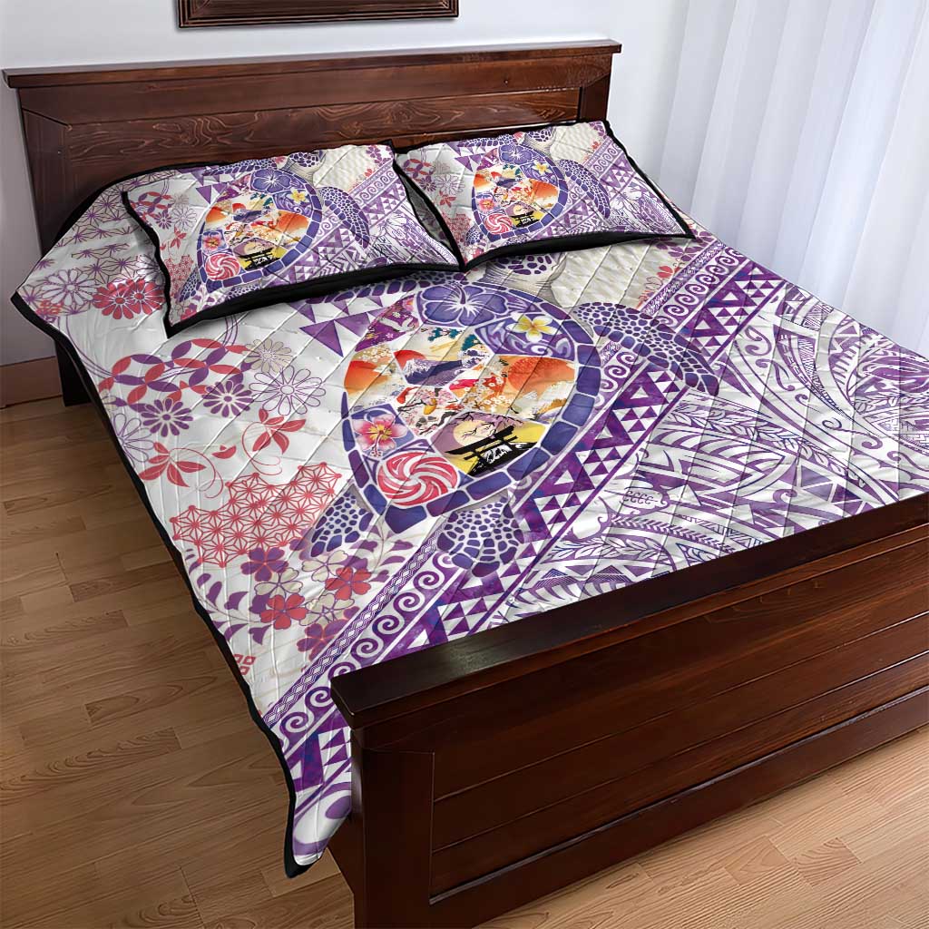 Hawaiian and Japanese Culture Together Quilt Bed Set Tropical Honu with Japanese Elements Purple Color