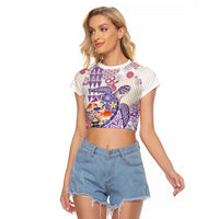 Hawaiian and Japanese Culture Together Raglan Cropped T Shirt Tropical Honu with Japanese Elements Purple Color