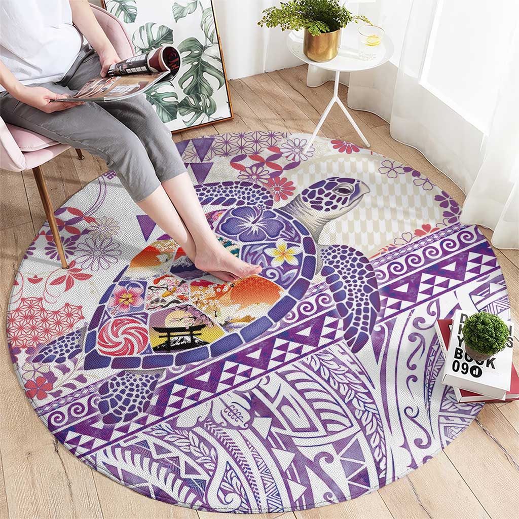 Hawaiian and Japanese Culture Together Round Carpet Tropical Honu with Japanese Elements Purple Color