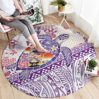 Hawaiian and Japanese Culture Together Round Carpet Tropical Honu with Japanese Elements Purple Color