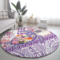 Hawaiian and Japanese Culture Together Round Carpet Tropical Honu with Japanese Elements Purple Color