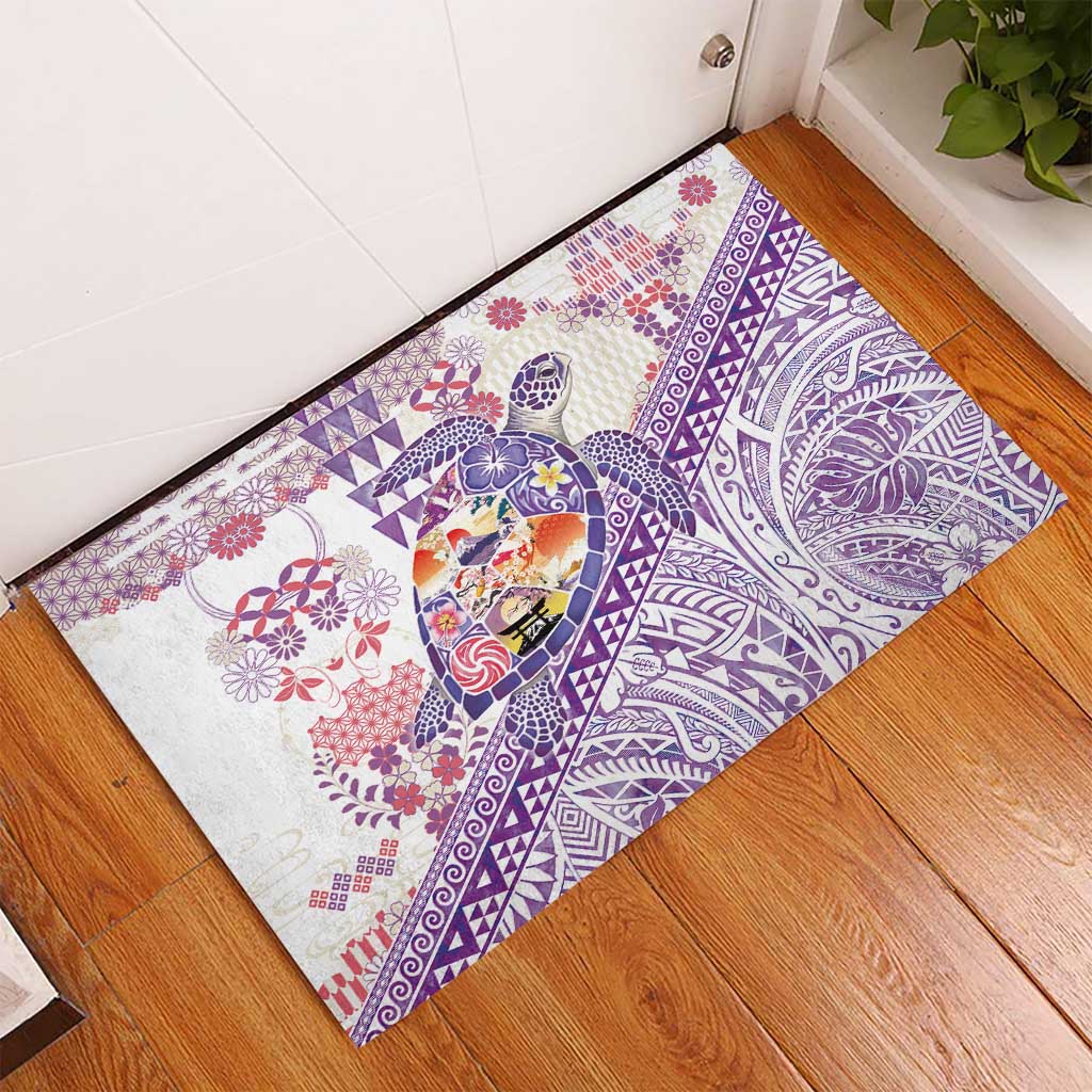Hawaiian and Japanese Culture Together Rubber Doormat Tropical Honu with Japanese Elements Purple Color