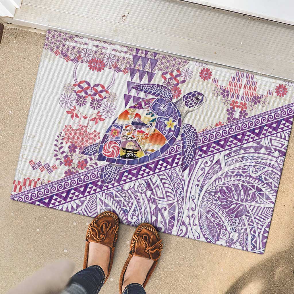 Hawaiian and Japanese Culture Together Rubber Doormat Tropical Honu with Japanese Elements Purple Color