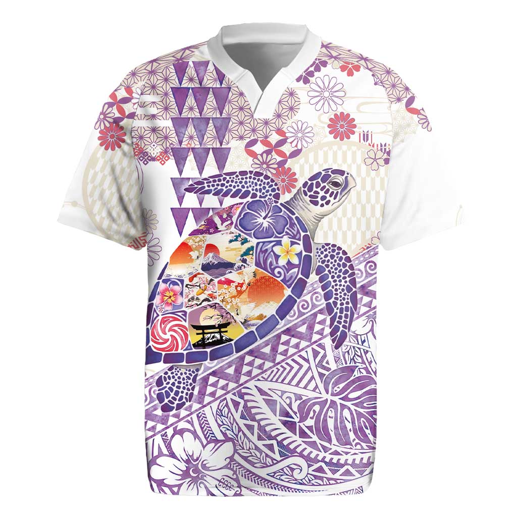 Hawaiian and Japanese Culture Together Rugby Jersey Tropical Honu with Japanese Elements Purple Color