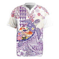 Hawaiian and Japanese Culture Together Rugby Jersey Tropical Honu with Japanese Elements Purple Color