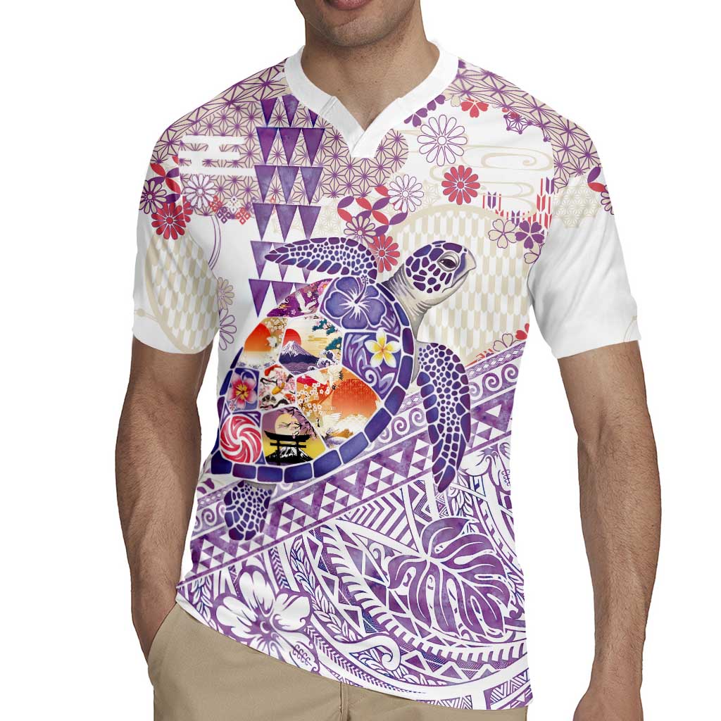 Hawaiian and Japanese Culture Together Rugby Jersey Tropical Honu with Japanese Elements Purple Color