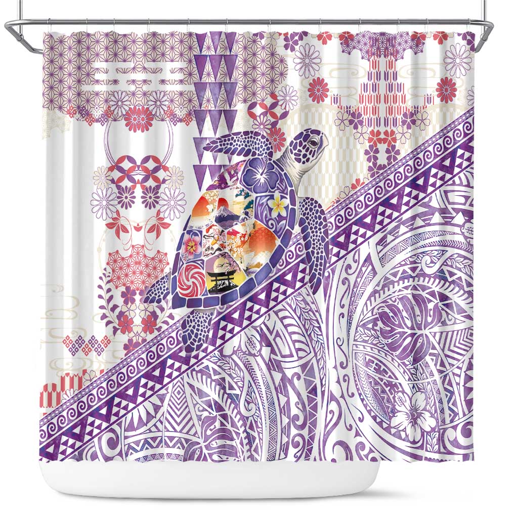 Hawaiian and Japanese Culture Together Shower Curtain Tropical Honu with Japanese Elements Purple Color