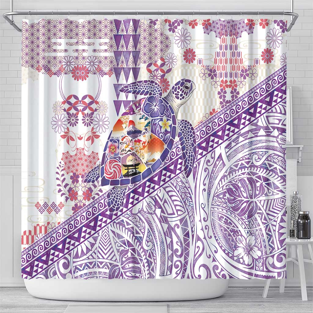 Hawaiian and Japanese Culture Together Shower Curtain Tropical Honu with Japanese Elements Purple Color