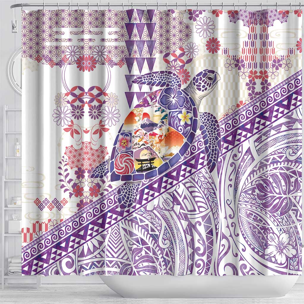 Hawaiian and Japanese Culture Together Shower Curtain Tropical Honu with Japanese Elements Purple Color