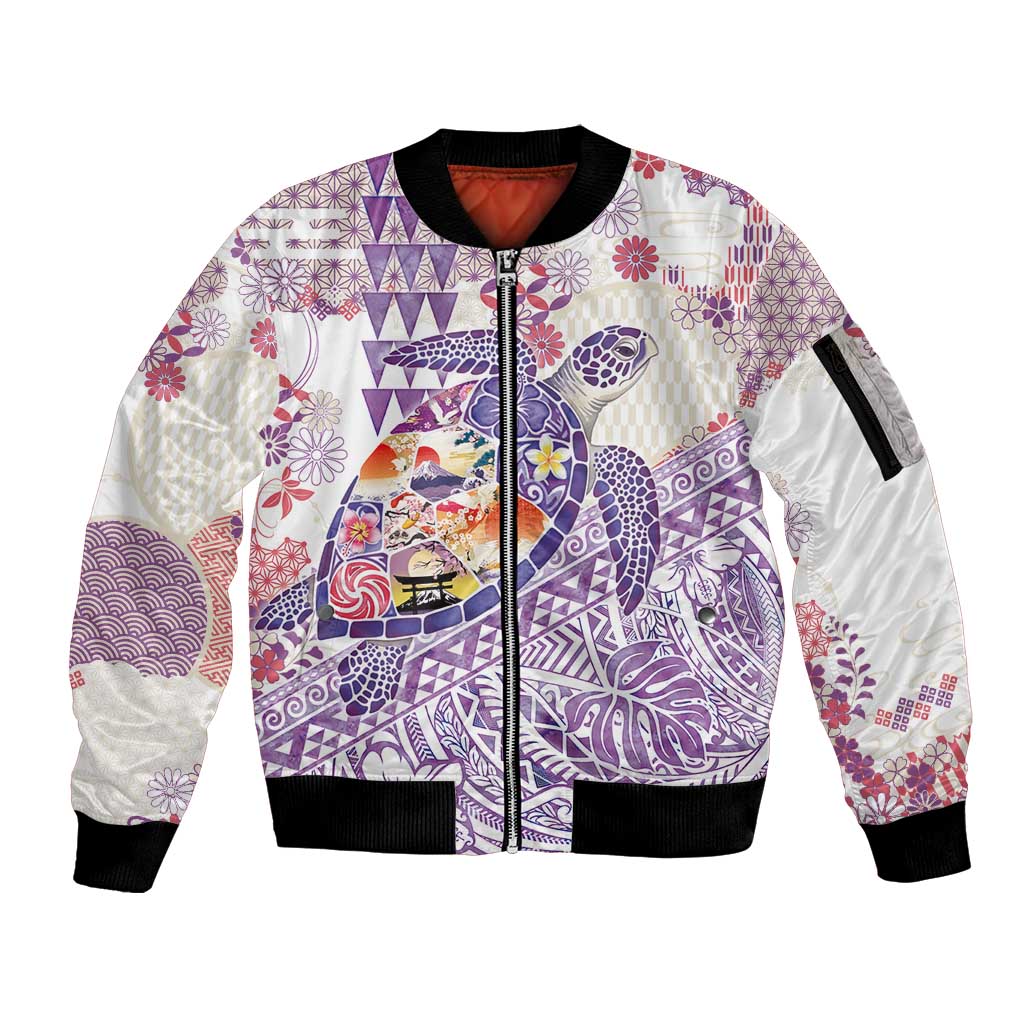 Hawaiian and Japanese Culture Together Sleeve Zip Bomber Jacket Tropical Honu with Japanese Elements Purple Color