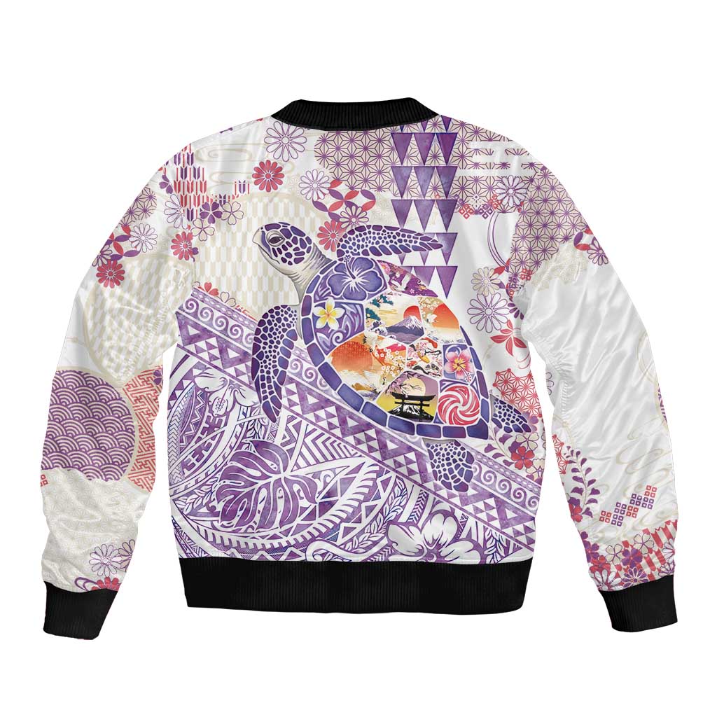 Hawaiian and Japanese Culture Together Sleeve Zip Bomber Jacket Tropical Honu with Japanese Elements Purple Color