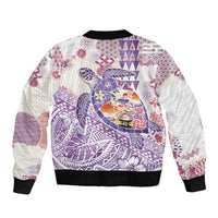 Hawaiian and Japanese Culture Together Sleeve Zip Bomber Jacket Tropical Honu with Japanese Elements Purple Color
