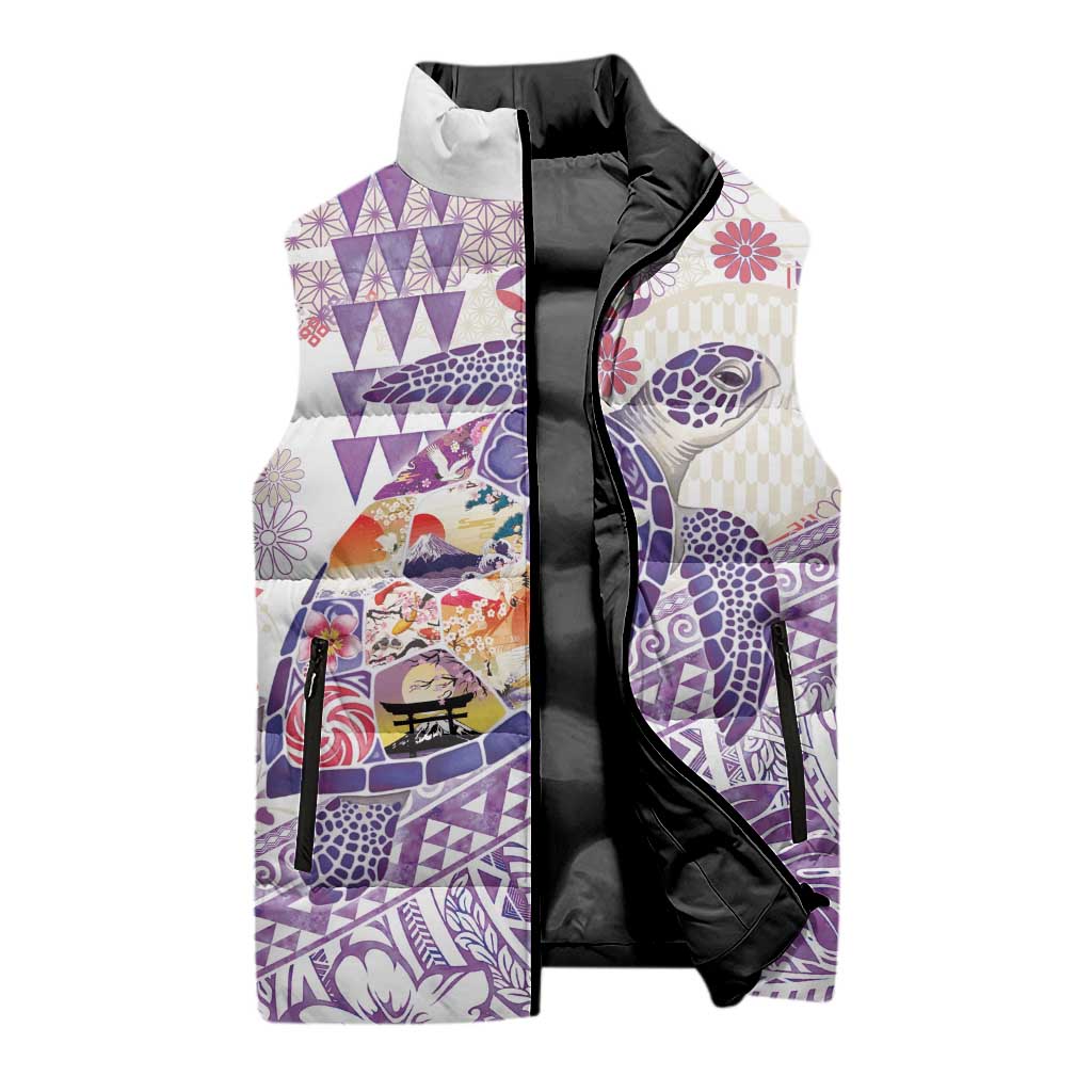 Hawaiian and Japanese Culture Together Sleeveless Puffer Jacket Tropical Honu with Japanese Elements Purple Color