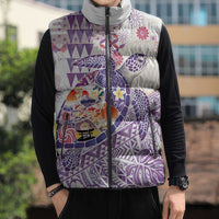 Hawaiian and Japanese Culture Together Sleeveless Puffer Jacket Tropical Honu with Japanese Elements Purple Color