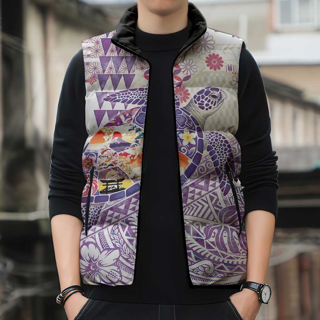 Hawaiian and Japanese Culture Together Sleeveless Puffer Jacket Tropical Honu with Japanese Elements Purple Color