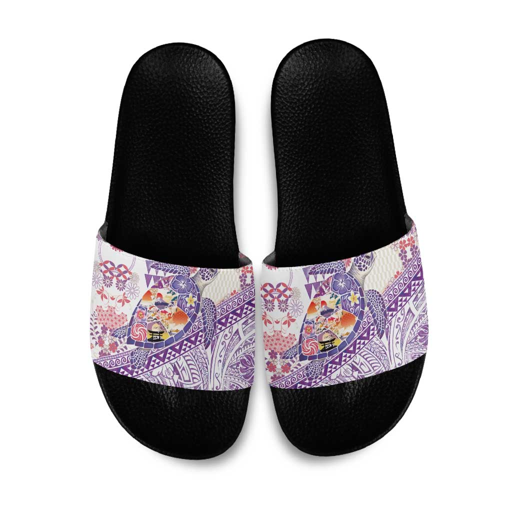 Hawaiian and Japanese Culture Together Slide Sandals Tropical Honu with Japanese Elements Purple Color