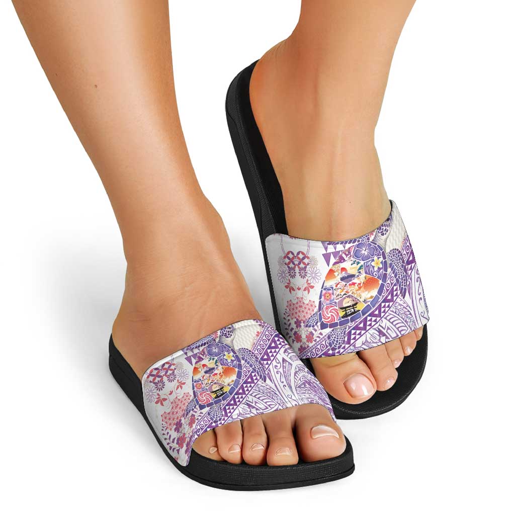 Hawaiian and Japanese Culture Together Slide Sandals Tropical Honu with Japanese Elements Purple Color