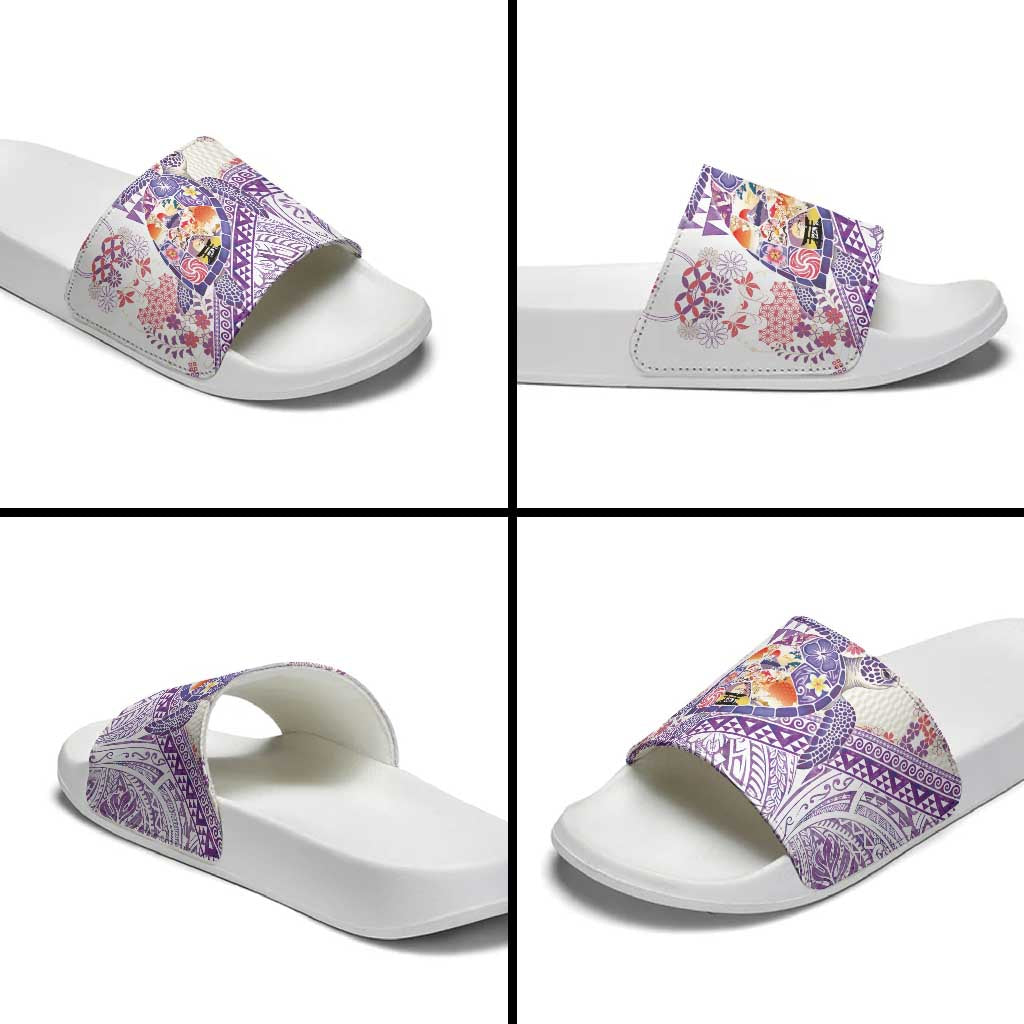 Hawaiian and Japanese Culture Together Slide Sandals Tropical Honu with Japanese Elements Purple Color