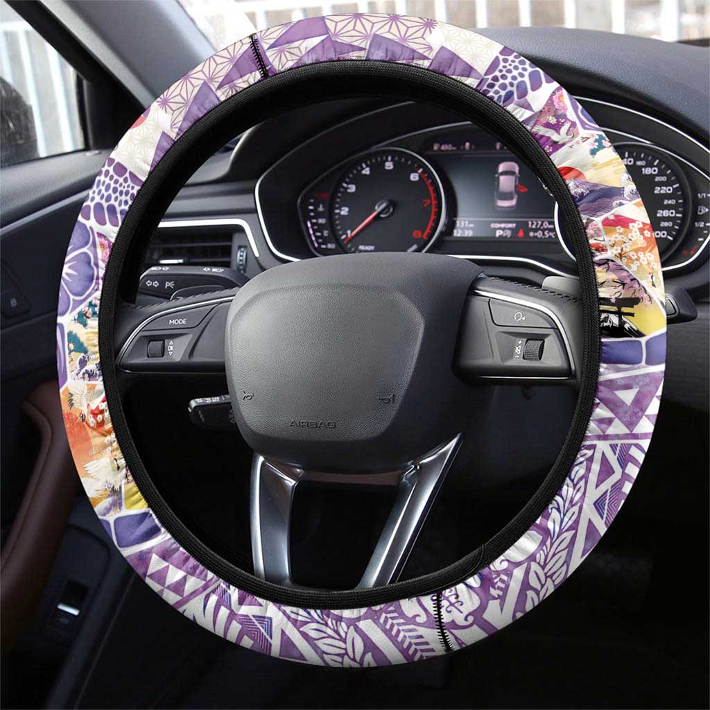 Hawaiian and Japanese Culture Together Steering Wheel Cover Tropical Honu with Japanese Elements Purple Color