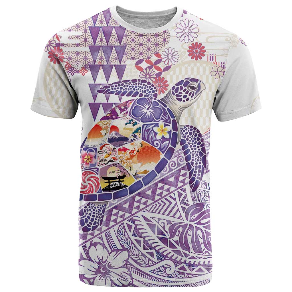 Hawaiian and Japanese Culture Together T Shirt Tropical Honu with Japanese Elements Purple Color