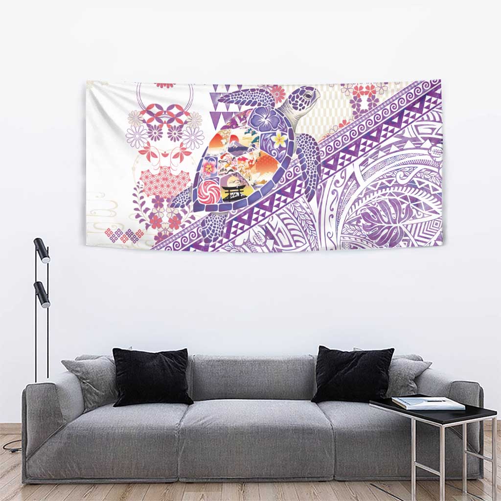 Hawaiian and Japanese Culture Together Tapestry Tropical Honu with Japanese Elements Purple Color